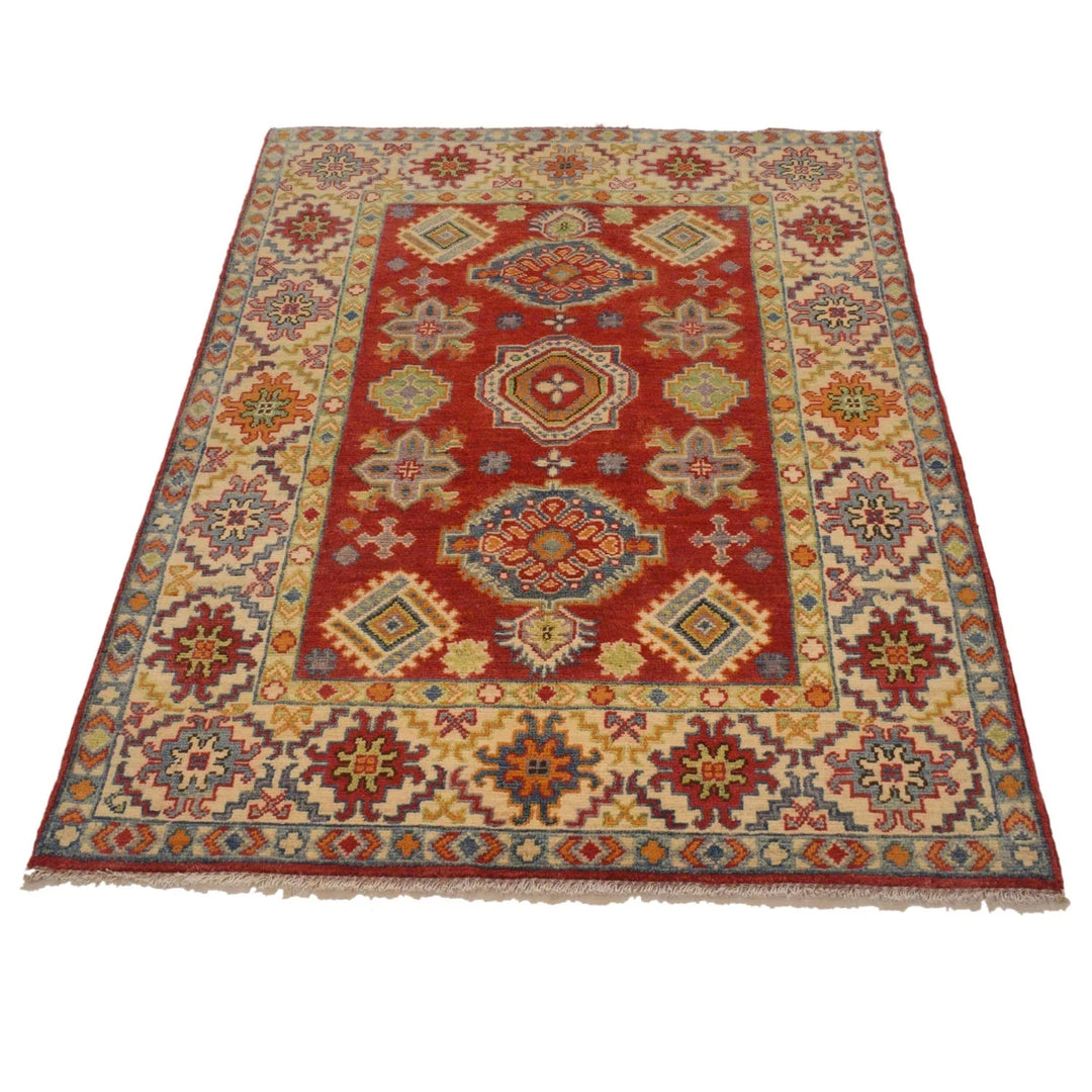 Red Afghan Kazak Rug 3' 5" x 5' 0" Hand-Knotted | No. AL34529