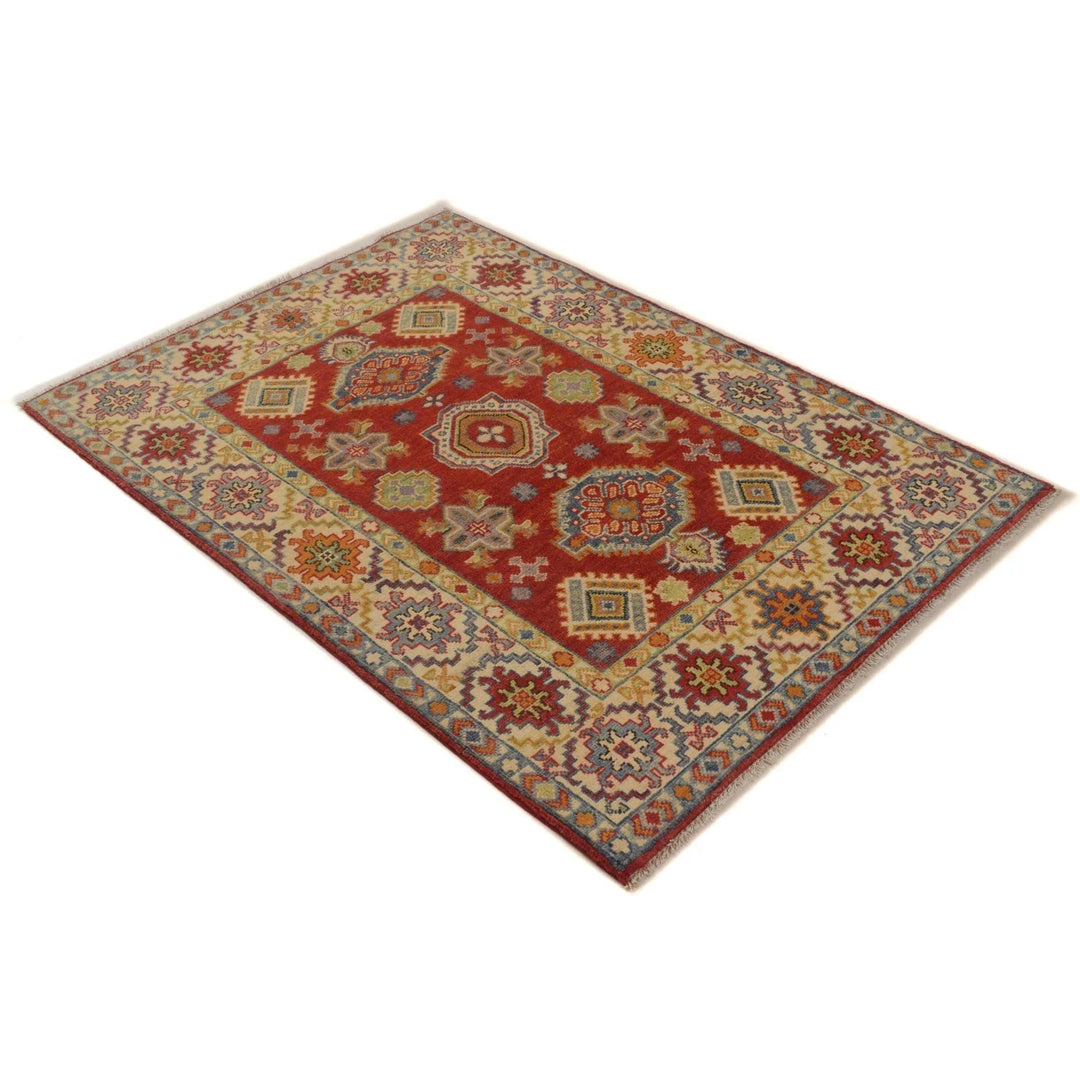 Red Afghan Kazak Rug 3' 5" x 5' 0" Hand-Knotted | No. AL34529