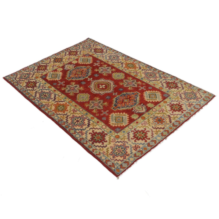 Red Afghan Kazak Rug 3' 5" x 5' 0" Hand-Knotted | No. AL34529