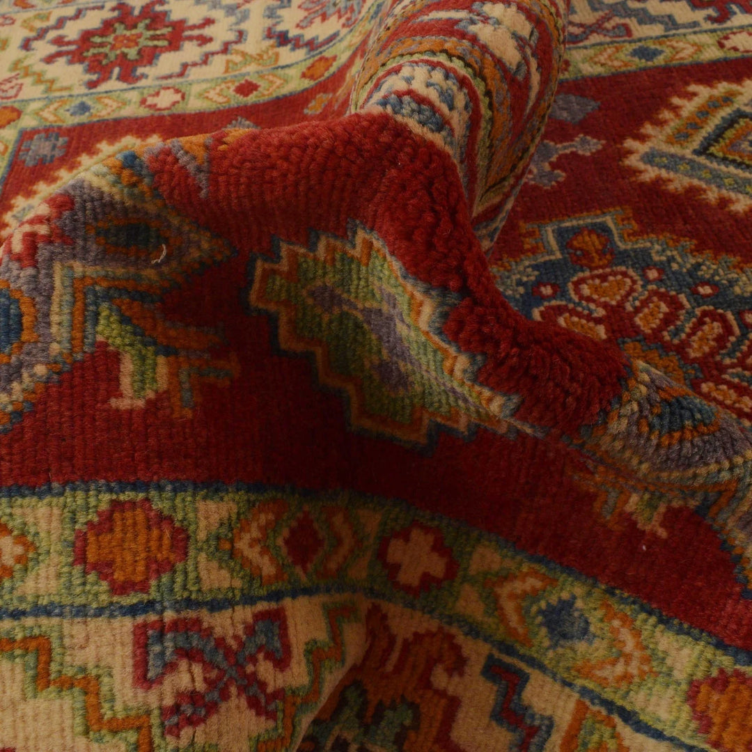 Red Afghan Kazak Rug 3' 5" x 5' 0" Hand-Knotted | No. AL34529