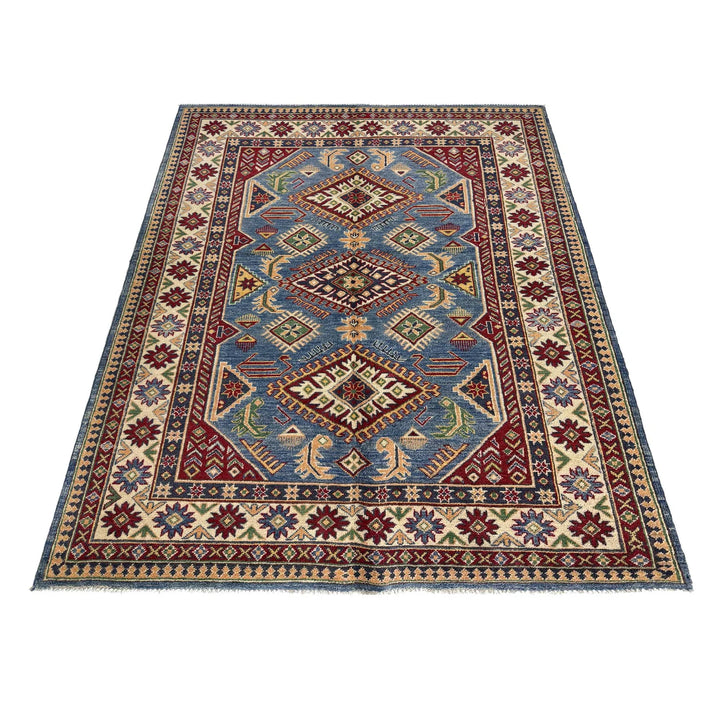 Blue Afghan Kazak Rug 4' 11" x 6' 10" Hand-Knotted | No. AL345896