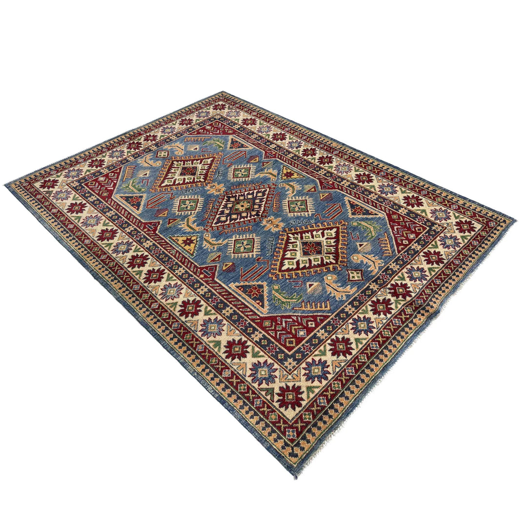 Blue Afghan Kazak Rug 4' 11" x 6' 10" Hand-Knotted | No. AL345896