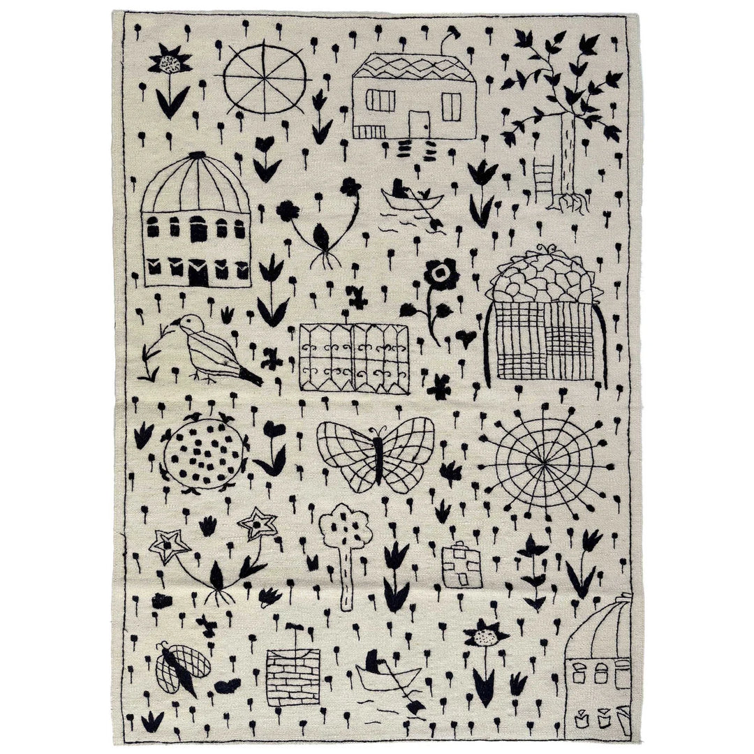 Beige Pakistani Embroidery Kilim Rug 3' 11" x 5' 10" Flat-Weave | No. AL34626