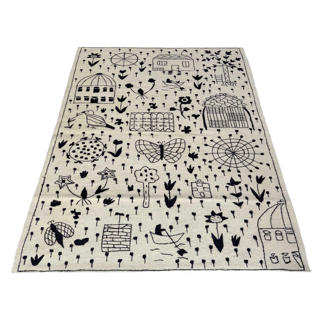 Beige Pakistani Embroidery Kilim Rug 3' 11" x 5' 10" Flat-Weave | No. AL34626