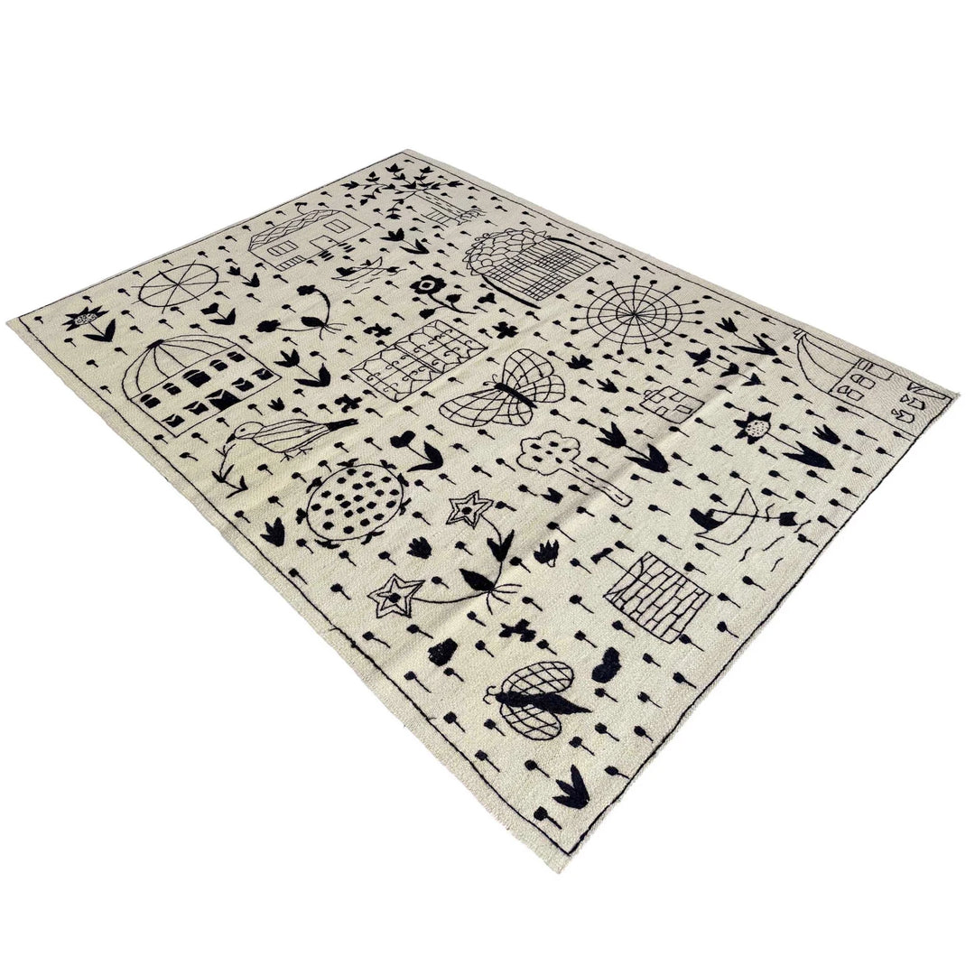 Beige Pakistani Embroidery Kilim Rug 3' 11" x 5' 10" Flat-Weave | No. AL34626
