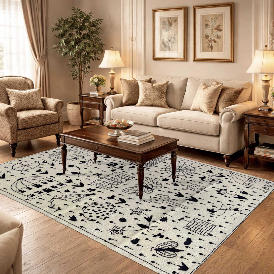 Beige Pakistani Embroidery Kilim Rug 3' 11" x 5' 10" Flat-Weave | No. AL34626