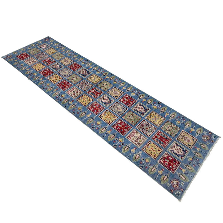 Blue Afghan Bakhtiar Runner Rug 2' 8" x 9' 8" Hand-Knotted | No. AL34673