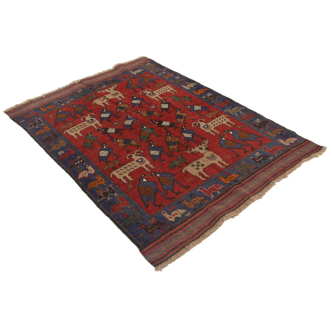 Afghan Pictorial Rug 4' 2" x 5' 7" Hand-Knotted | No. AL34785