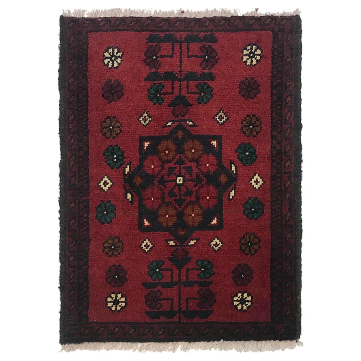 Red Afghan Oriental Doormat 1' 5" x 1' 10" Hand-Knotted | No. AL34899