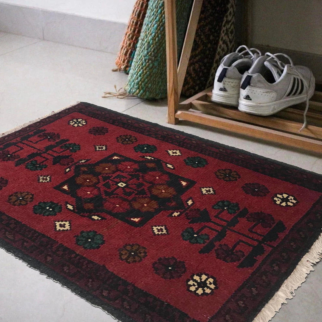 Red Afghan Oriental Doormat 1' 5" x 1' 10" Hand-Knotted | No. AL34899