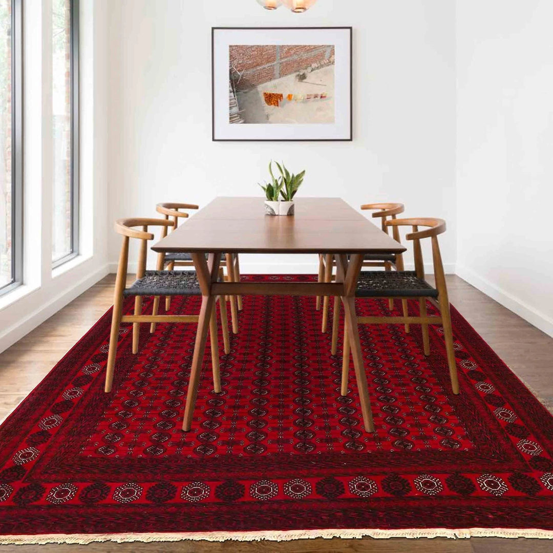 Red Afghan Bokhara Rug 8' 3" x 10' 10" Hand-Knotted | No. AL35109