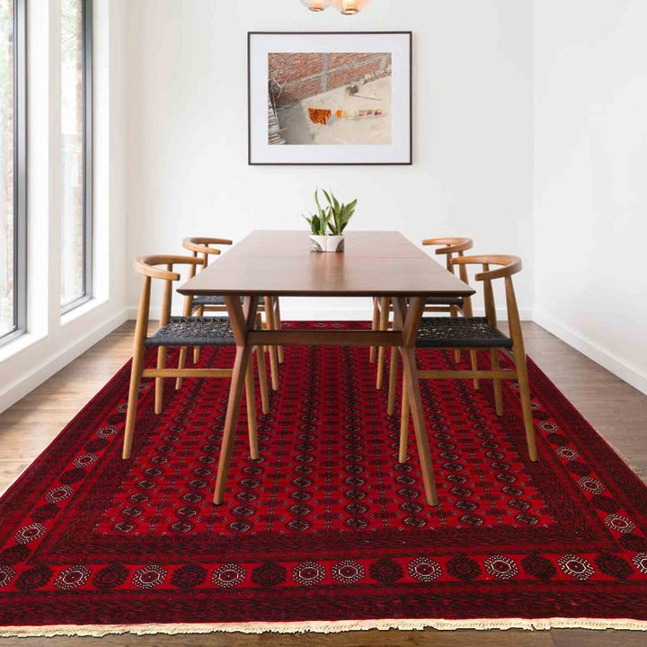Red Afghan Bokhara Rug 8' 3" x 10' 10" Hand-Knotted | No. AL35109