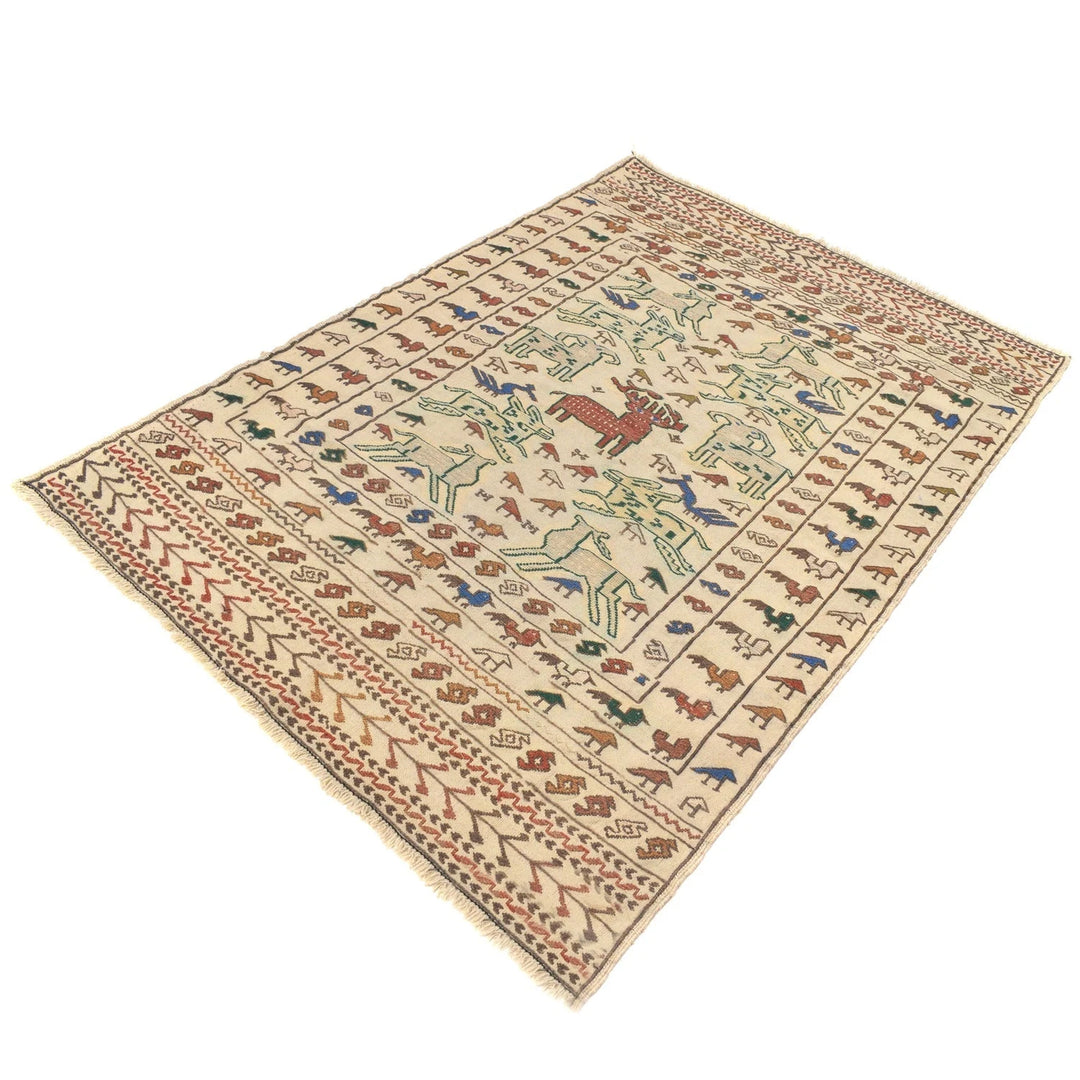 White Afghan Kilim Rug 4' 0" x 5' 7" Flat-Weave | No. AL35245