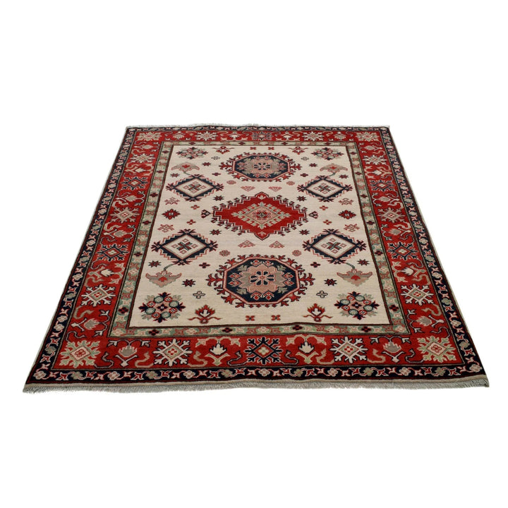 Ivory Afghan Kazak Rug 5' 0" x 6' 2" Hand-Knotted | No. AL35314