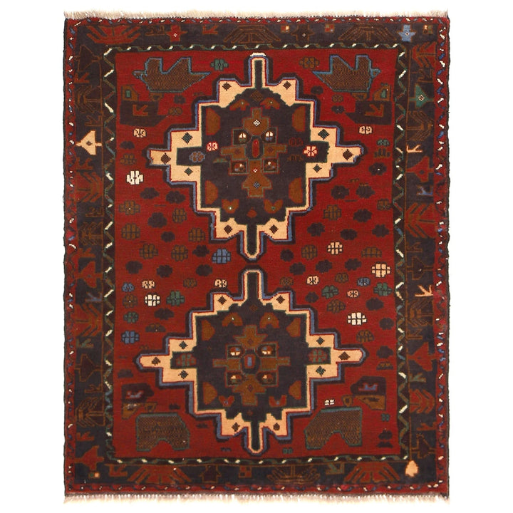 Red Afghan Baluchi Rug 3' 2" x 4' 2" Hand-Knotted | No. AL35379