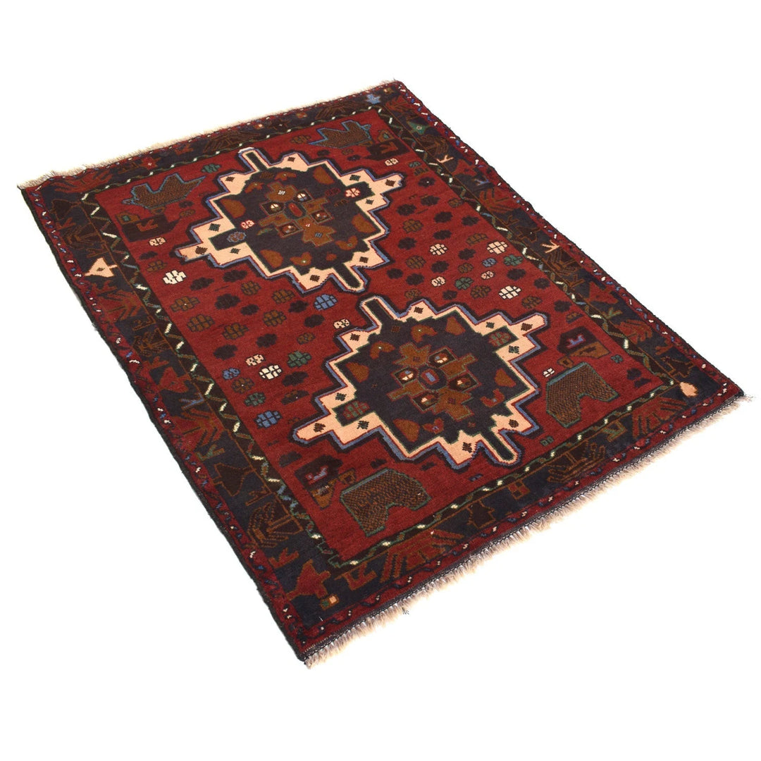 Red Afghan Baluchi Rug 3' 2" x 4' 2" Hand-Knotted | No. AL35379