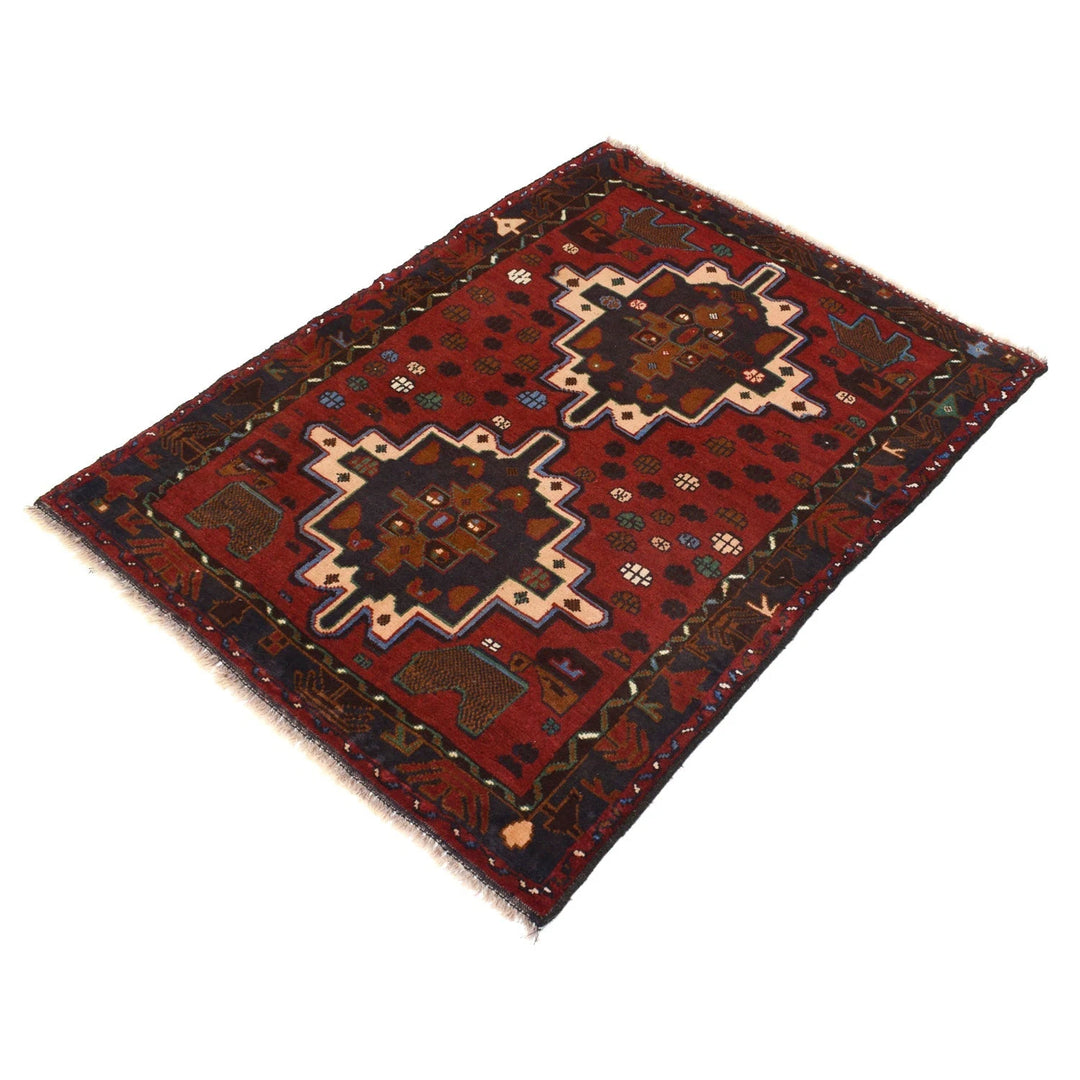 Red Afghan Baluchi Rug 3' 2" x 4' 2" Hand-Knotted | No. AL35379