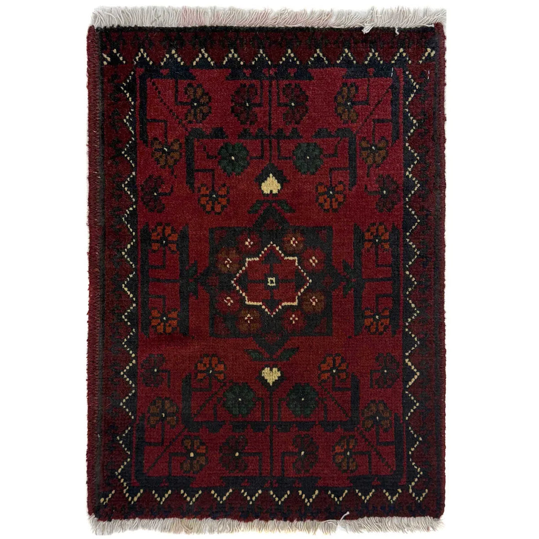 Red Afghan Doormat Rug 1' 5" x 1' 11" Hand-Knotted | No. AL353889