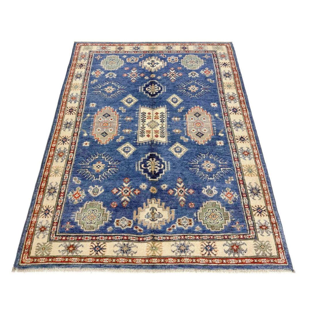 Blue Afghan Kazak Rug 3' 10" x 5' 11" Hand-Knotted | No. AL35400