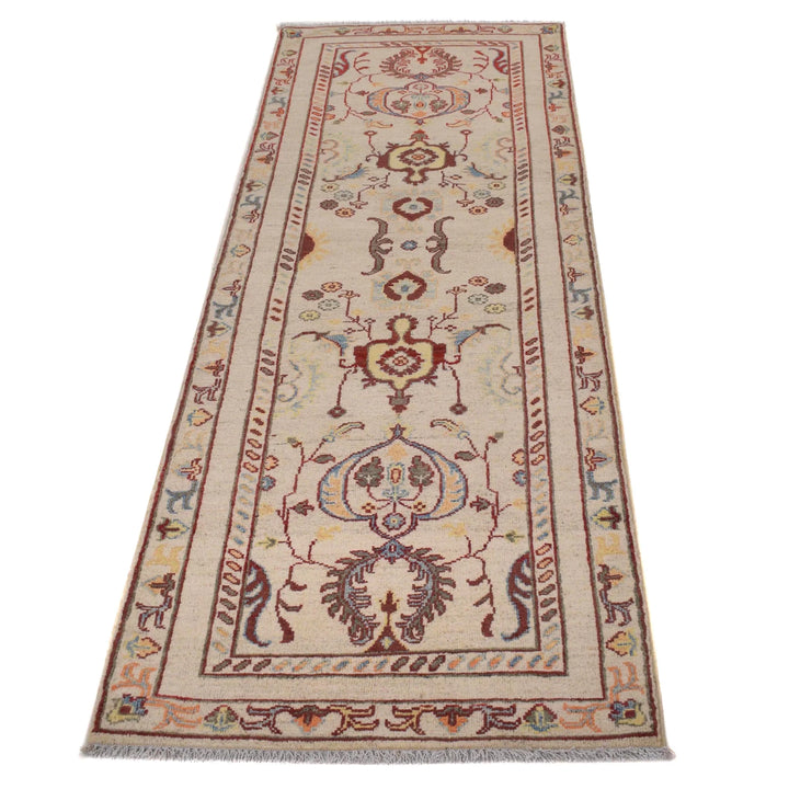Beige Afghan Kazak Rug 2'6" x 7'7" Hand-Knotted | No. AL35515