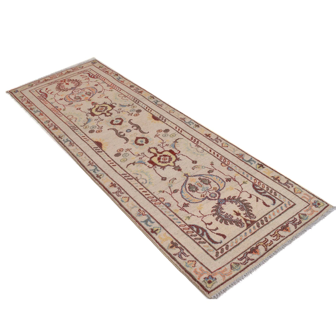 Beige Afghan Kazak Rug 2'6" x 7'7" Hand-Knotted | No. AL35515