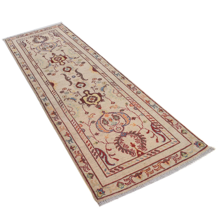 Beige Afghan Kazak Rug 2'6" x 7'7" Hand-Knotted | No. AL35515