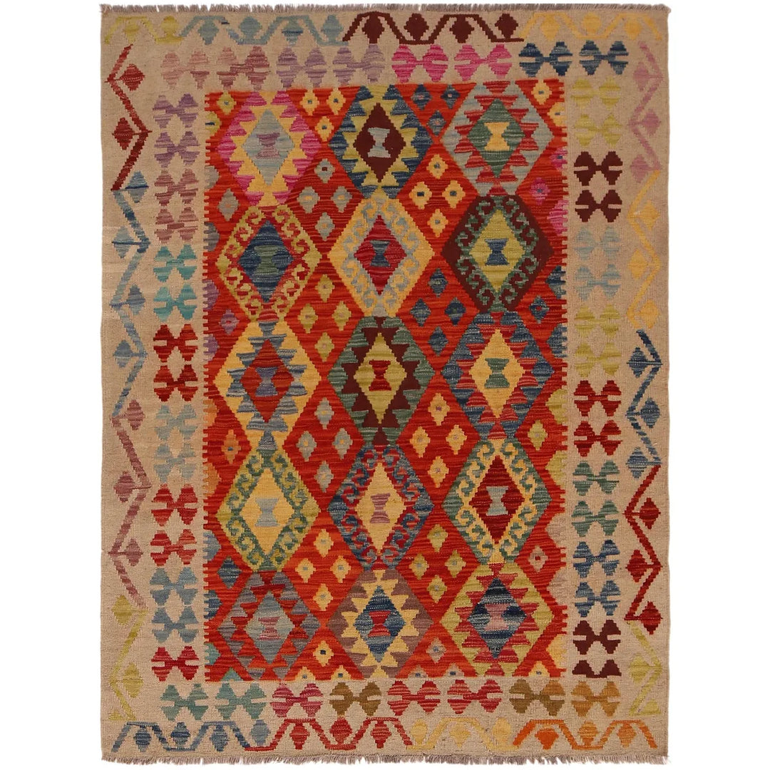 Afghan Vegetable Kilim Rug 4' 2" x 5' 7" Flat-Weave | No. AL35630