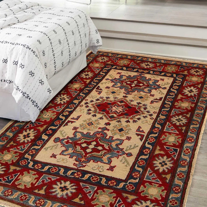 Beige Afghan Kazak Rug 2' 7" x 4' 0" Hand-Knotted | No. AL35682