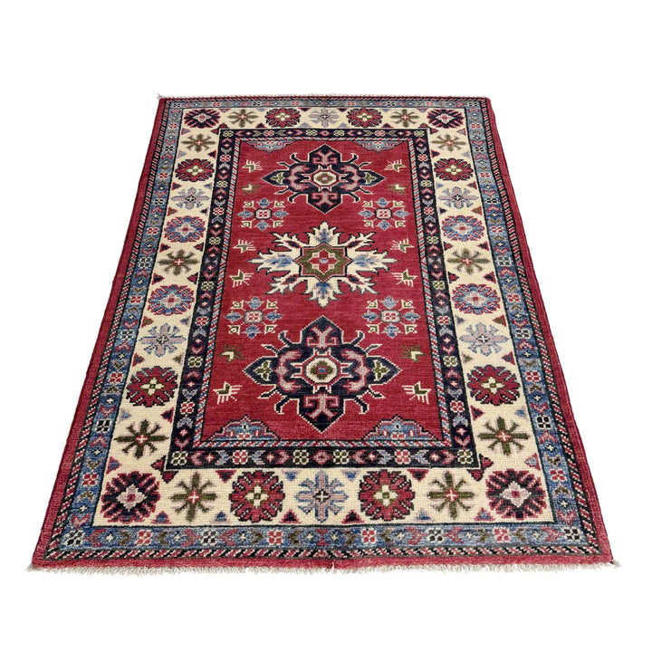 Red Afghan Kazak Rug 2' 7" x 4' 1" Hand-Knotted | No. AL35752