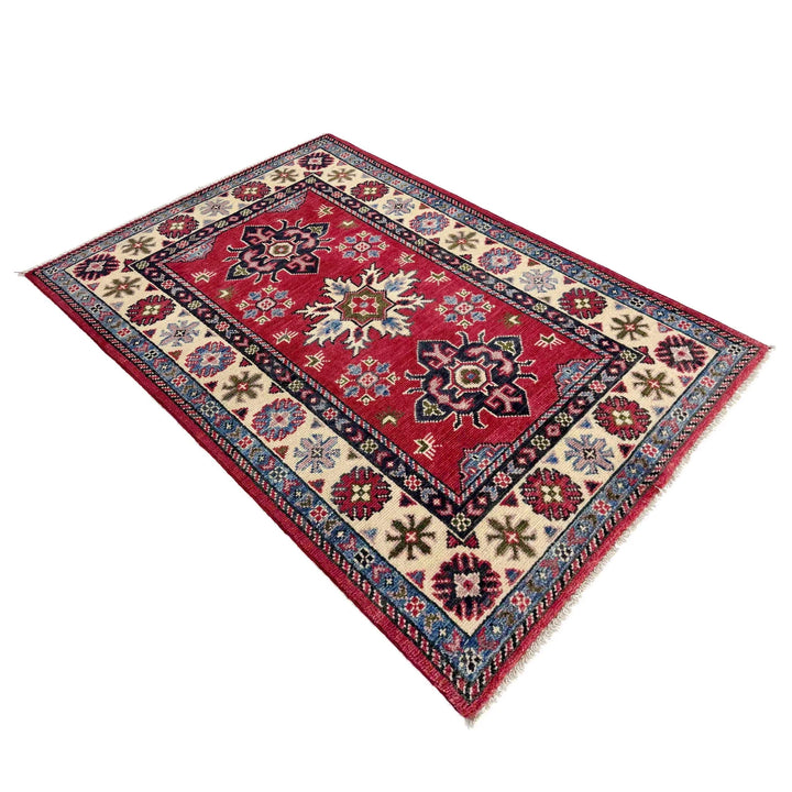 Red Afghan Kazak Rug 2' 7" x 4' 1" Hand-Knotted | No. AL35752