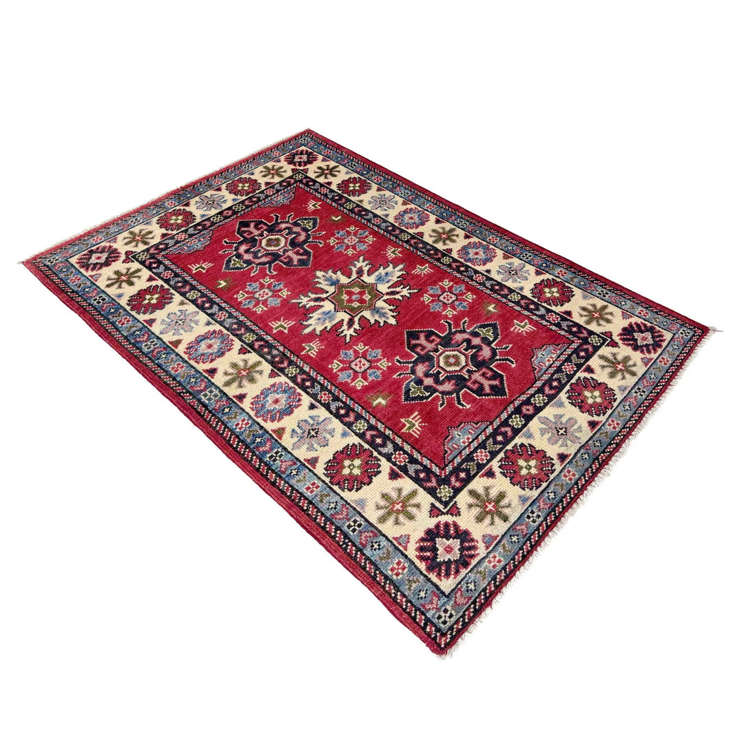 Red Afghan Kazak Rug 2' 7" x 4' 1" Hand-Knotted | No. AL35752