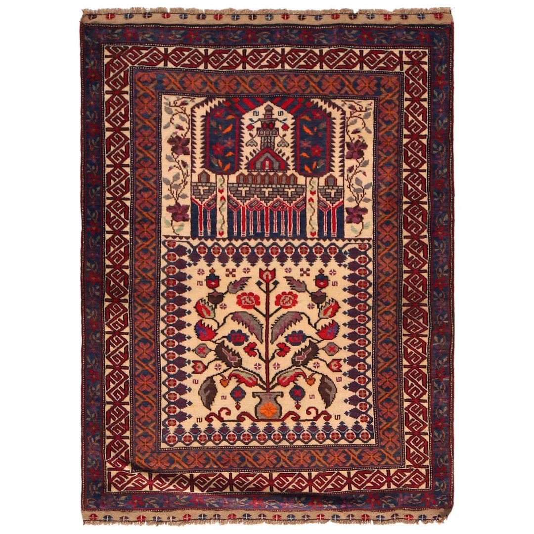 Beige Afghan Prayer Rug 3' 3" x 4' 4" Hand-Knotted | No. AL35762