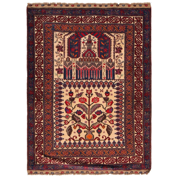Beige Afghan Prayer Rug 3' 3" x 4' 4" Hand-Knotted | No. AL35762