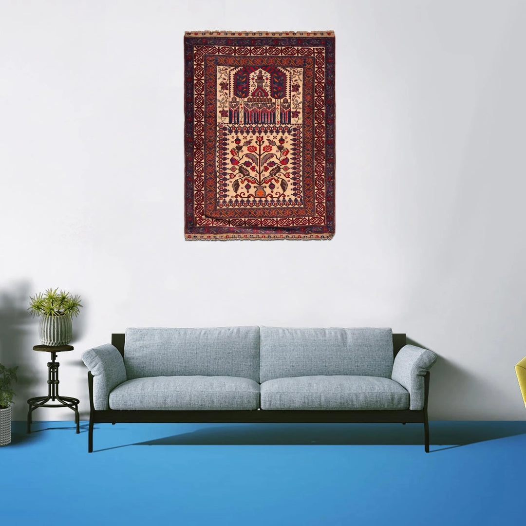 Beige Afghan Prayer Rug 3' 3" x 4' 4" Hand-Knotted | No. AL35762