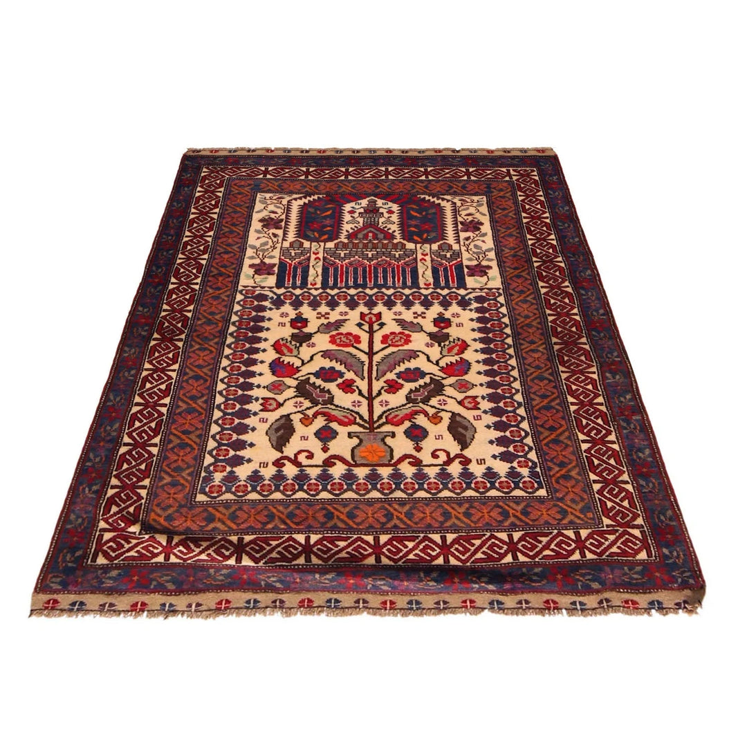 Beige Afghan Prayer Rug 3' 3" x 4' 4" Hand-Knotted | No. AL35762