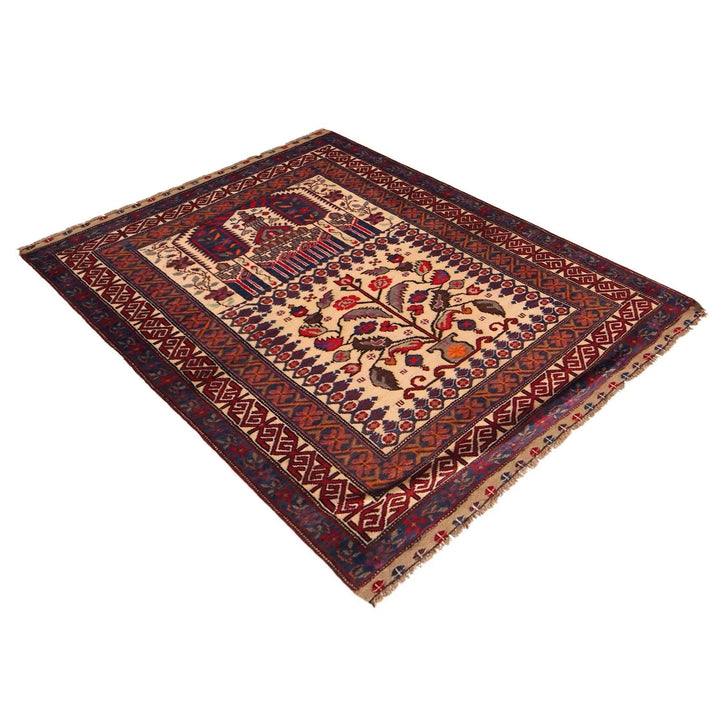 Beige Afghan Prayer Rug 3' 3" x 4' 4" Hand-Knotted | No. AL35762