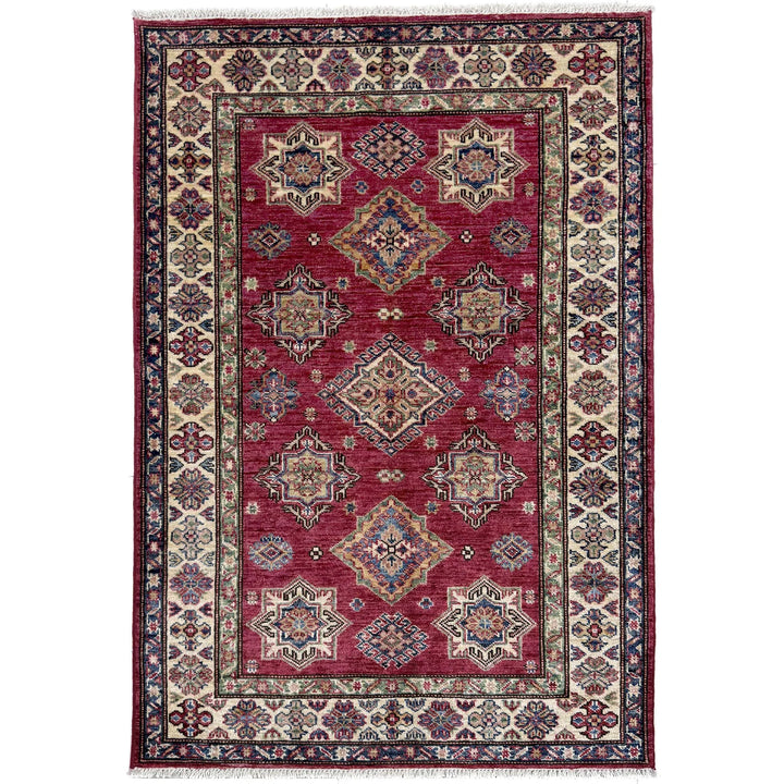 Red Afghan Kazak Rug 3' 5" x 4' 10" Hand-Knotted | No. AL35923
