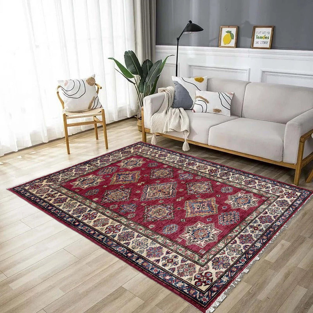 Red Afghan Kazak Rug 3' 5" x 4' 10" Hand-Knotted | No. AL35923