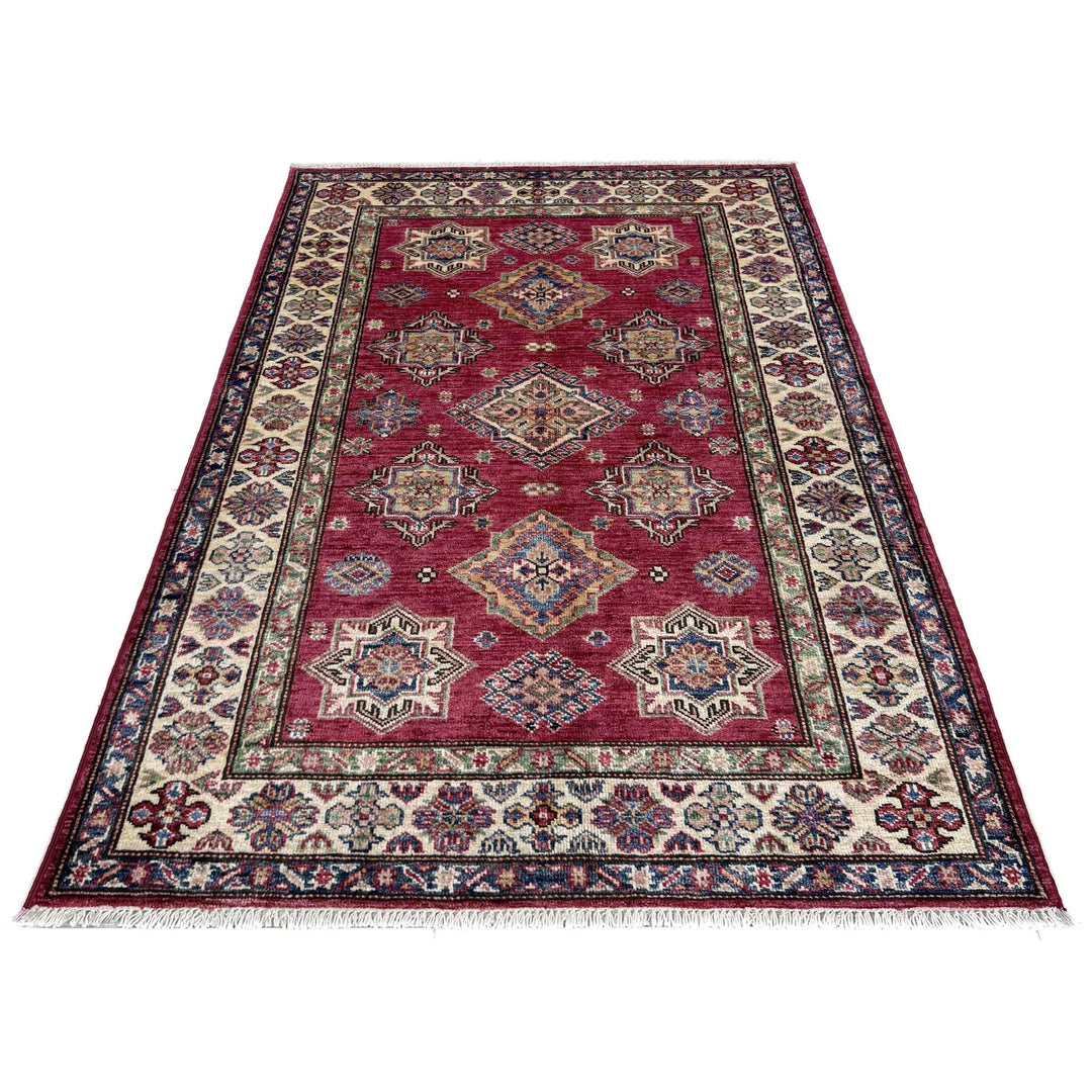 Red Afghan Kazak Rug 3' 5" x 4' 10" Hand-Knotted | No. AL35923