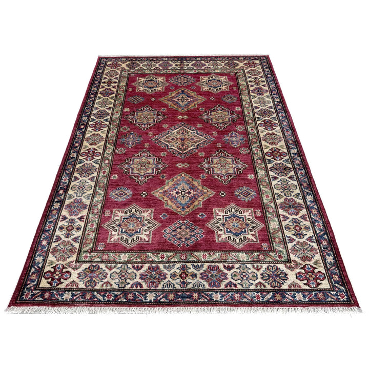 Red Afghan Kazak Rug 3' 5" x 4' 10" Hand-Knotted | No. AL35923