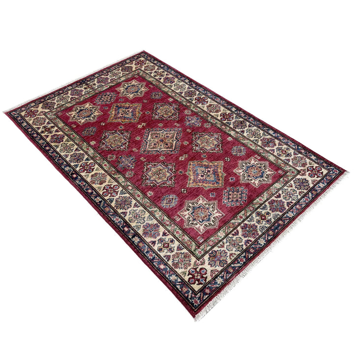 Red Afghan Kazak Rug 3' 5" x 4' 10" Hand-Knotted | No. AL35923