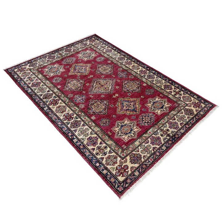 Red Afghan Kazak Rug 3' 5" x 4' 10" Hand-Knotted | No. AL35923