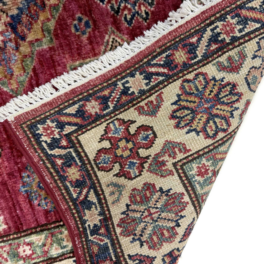 Red Afghan Kazak Rug 3' 5" x 4' 10" Hand-Knotted | No. AL35923
