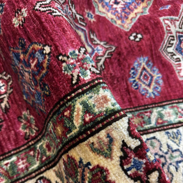 Red Afghan Kazak Rug 3' 5" x 4' 10" Hand-Knotted | No. AL35923