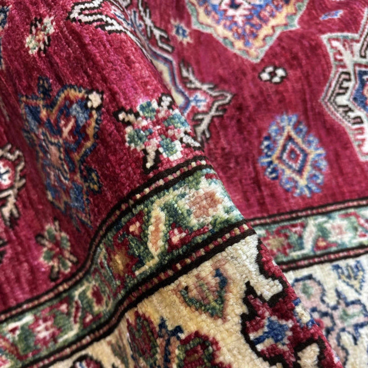 Red Afghan Kazak Rug 3'5" x 4'10" Hand-Knotted | No. AL35923