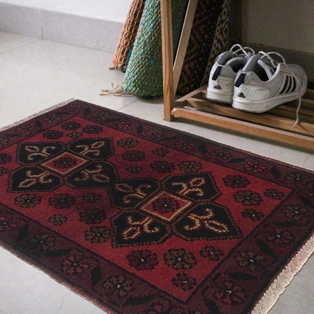 Red Afghan Oriental Doormat 1' 5" x 1' 11" Hand-Knotted | No. AL35980