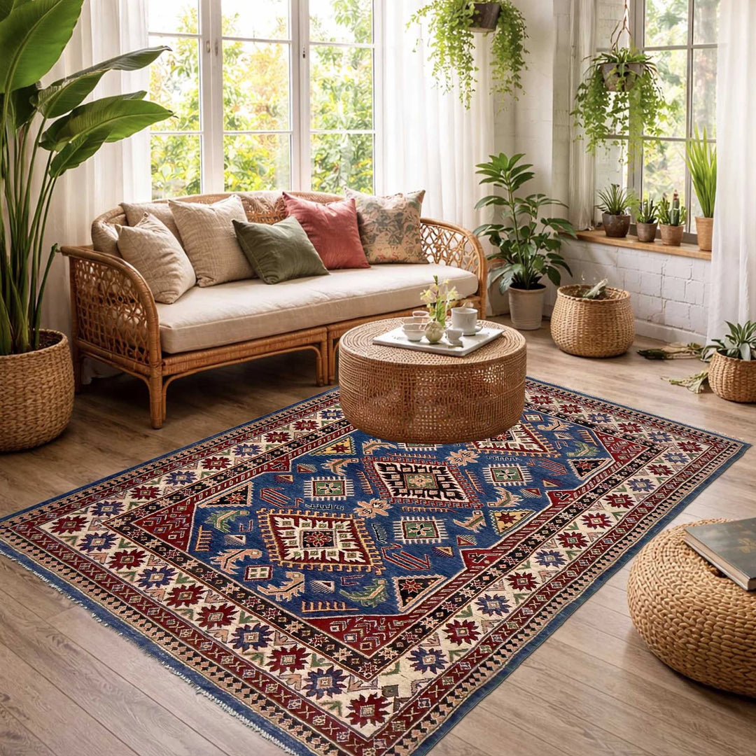 Blue Afghan Kazak Rug 4' 10" x 7' 3" Hand-Knotted | No. AL36111