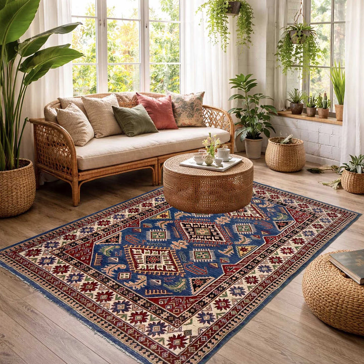 Blue Afghan Kazak Rug 4' 10" x 7' 3" Hand-Knotted | No. AL36111