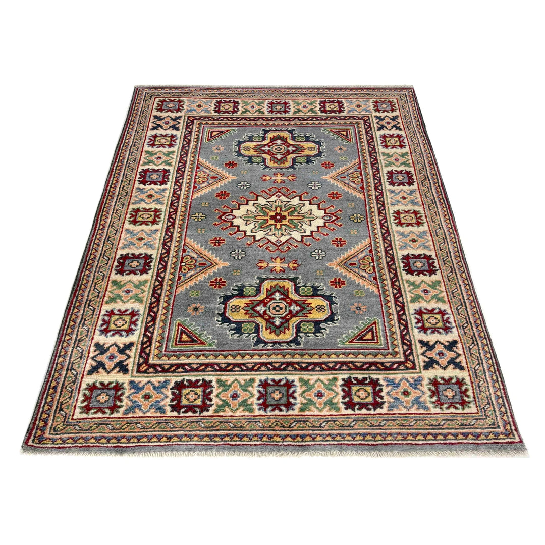 Blue Afghan Kazak Rug 3' 2" x 4' 5" Hand-Knotted | No. AL36132