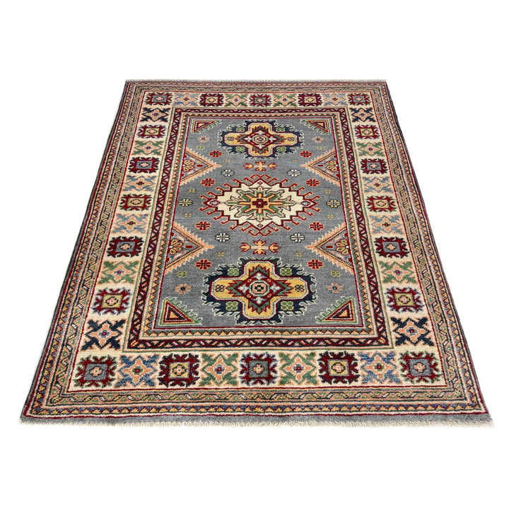 Blue Afghan Kazak Rug 3' 2" x 4' 5" Hand-Knotted | No. AL36132
